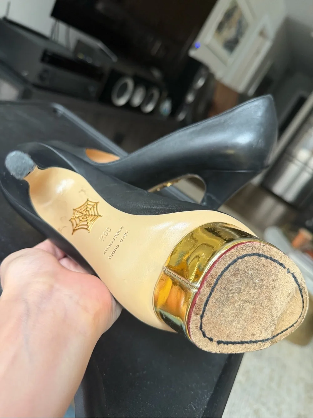 Charlotte Olympia Black Leather Platform Pumps with Gold Platform